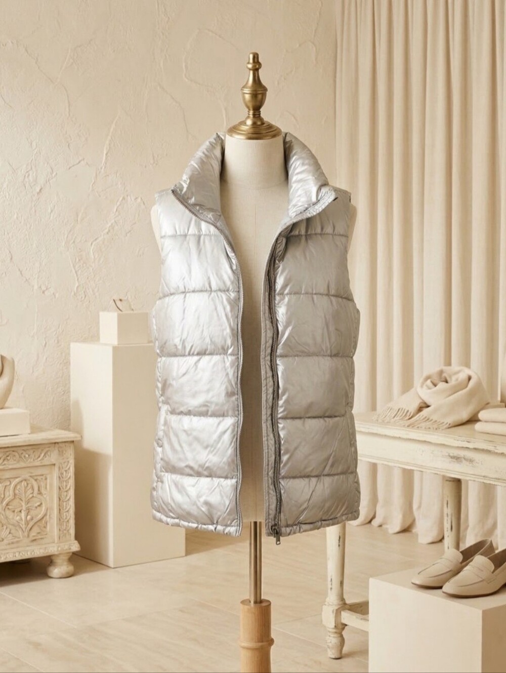 Old Navy Metallic Puffer Vest Large Silver